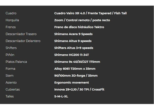 Bicicleta Rodado 29 Vairo Xr 4.0 Shimano Disco Hidraulico