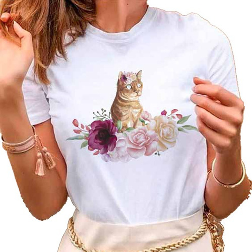 Remera Dama Mujer Street Mascota Con Flores Gato Gatito #02