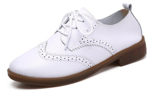 Cómodos Zapatos De Cuero De Tacón Bajo, Brogues