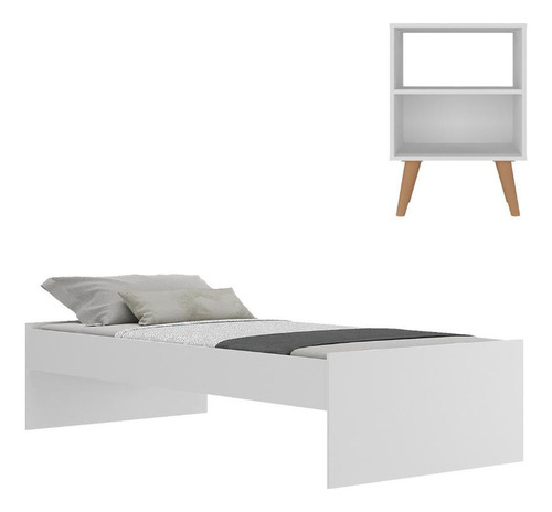 Cama Solteiro Com Mesa De Cabeceira Retrô Multimóveis Mp4196 Cor Branco/Canelato