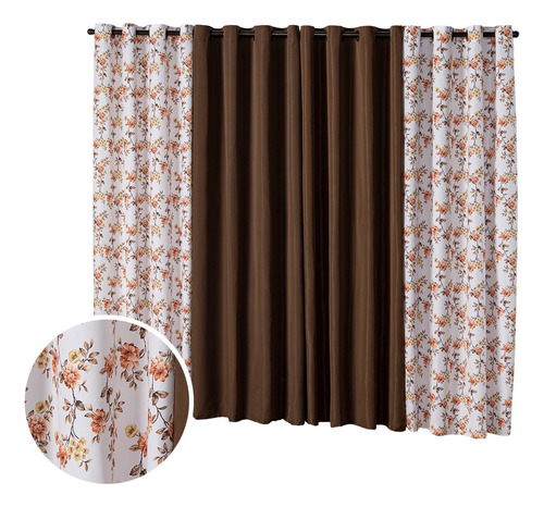 Cortina Floratta 3,00 X 2,20m Sala Quarto Estampada Floral Cor Marrom