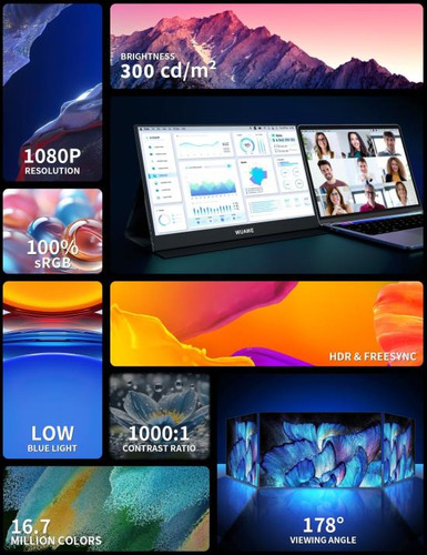 Wuawe Monitor Portátil 15.6, 1080p 72% Ntsc 100% Srgb Usb C