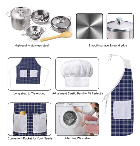 Set Utensilios Cocina, Juguetes Simulación Niños, Acero Inox Color