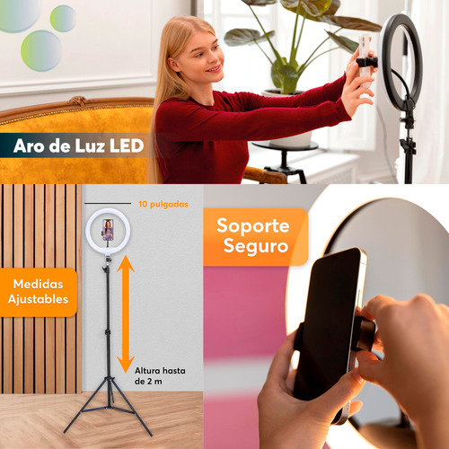 Aro De Luz Led Rgb 10 Con Trípode Abatible De 2m Y Soporte