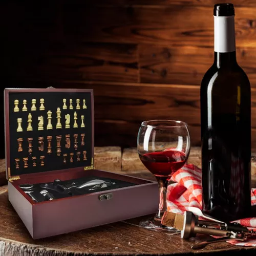 Kit de Acessórios Para Vinho Luxo com Jogo de Xadrez madeira - Erafull