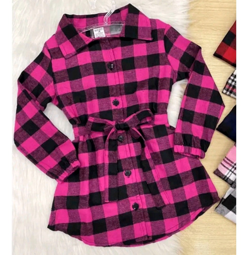 Vestido Camisa Infantil Chemise Xadrez Flanelada Com Cinto
