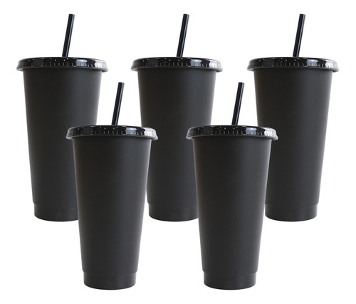 Vasos Con Popote Tapa Reusables Plastico  24oz 5 Piezas