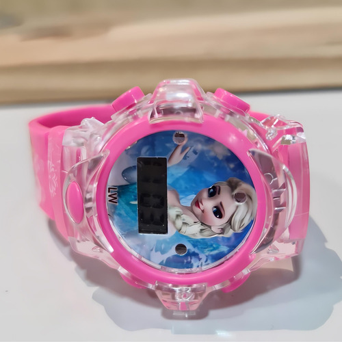 Kit Relógio Princesas + Óculos + Pulseira + Caixa Presente Correia Rosa Bisel Frozen Fundo Personagem