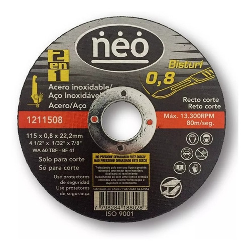 Discos De Corte 4 ½'' Acero Inox. Neo 0,8mm X 10 Unidades