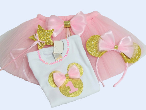 Set Minnie Dorada- Tutu + Remera + Vincha - 1 A 7 Años.