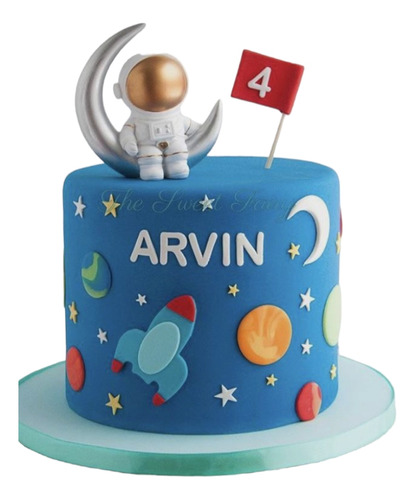 Adorno Torta Temática Astronauta Luna Porcelana Cumpleaños 