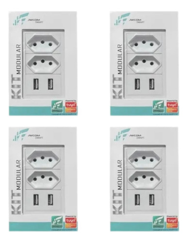 Kit C/4 Tomada 10/20 Ampêres Modular Dupla 2 Usb Carregador Branco