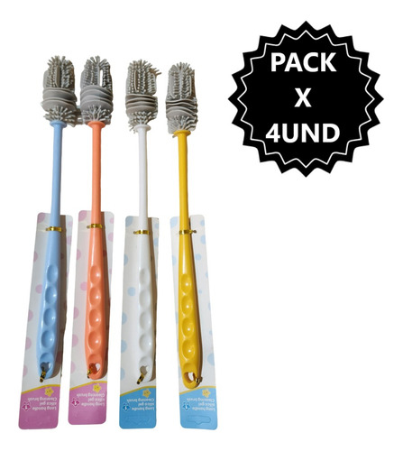Pack X4 Cepillos De Silicona Largo Para Limpiar Botellas