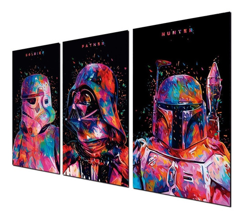 Imagen 2 de 3 de Cuadro Triptico 90x50cm Darth Hunter Star Wars