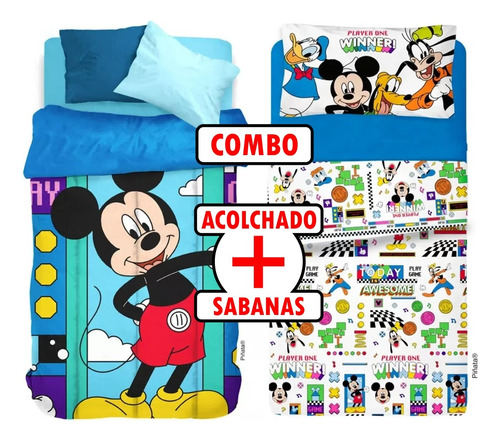 Combo Acolchado + Sabanas 1½ Plaza Disney Mickey Orig Piñata