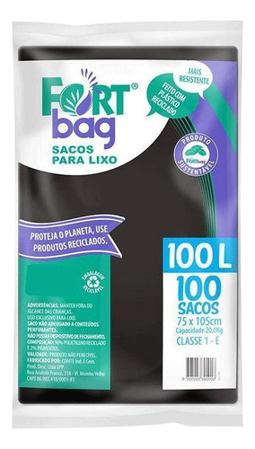 Saco Para Lixo 100 Litros Preto - Com 100 Unidades - Fortbag