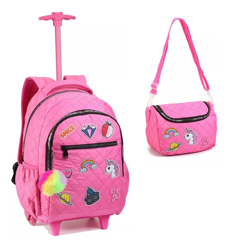 Kit Mochila Infantil Unicórnio Original Rosa Tam G + Brinde