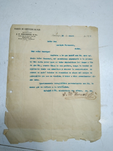 Documento Antiguo Botellas Tocornal 1912 Firmado 