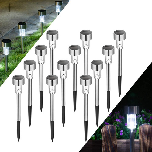 Set De 12 Lamparas Leds Solares P/ Jardin Acero Inoxidable