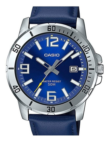 Imagen 2 de 2 de Reloj de pulsera Casio Dress MTP-VD01 de cuerpo color plateado, analógico, para hombre, fondo azul, con correa de cuero color azul, agujas color gris, blanco y amarillo, dial blanco y plateado, minutero/segundero plateado y amarillo, bisel color plateado y hebilla simple