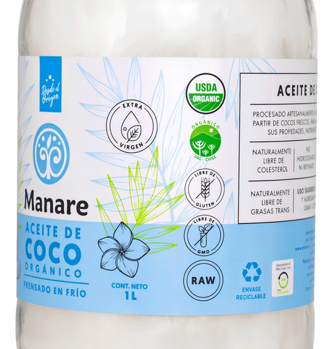 Aceite De Coco Orgánico Extra Virgen Manare 1l Andina Grains