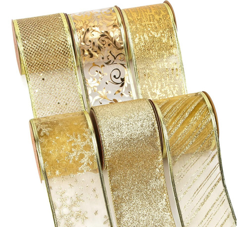 6 Rollos Liston Alambre Dorada Copos Decoracion Navideña Dorado Copos De Nieve