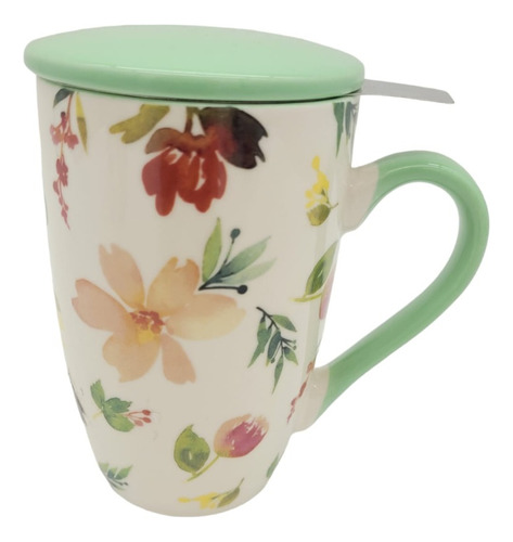 Taza De Cerámica C Tapa Y Infusor Flores 490ml Dia De Mama R