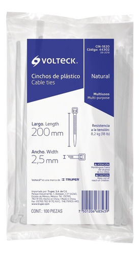 Precinto Plastico Blanco Volteck 100 Und 2.5x200mm Cin-1820