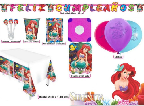 Kit Infantil Decoración Fiesta - La Sirenita X12 Invitados