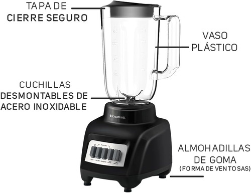 Licuadora Marca Taurus Modelo Haley Vaso De Plastico Base Negra Y 4 Velocidades 1l