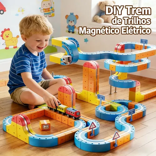Pista Trem Magnético Elétrico Infantil Blocos Track Kit80 Azul-claro