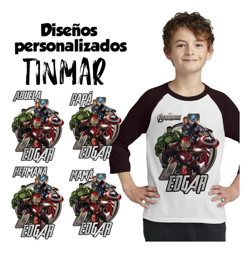 Kit 4 Playeras Raglan 3/4 Avengers Cumpleaños #v14