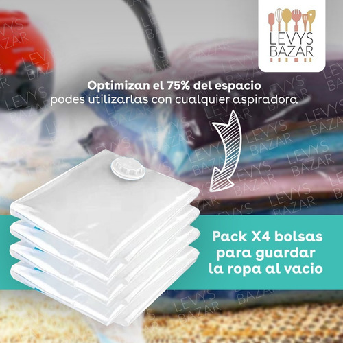 Imagen 2 de 10 de Pack X4 Bolsas Guardar Ropa Al Vacio Ahorra Espacio 80x60cm
