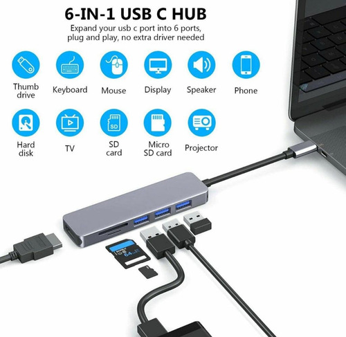 Hub Adaptador Usb Tipo C 6 En 1 / Hdmi Usb Para Mac Windows