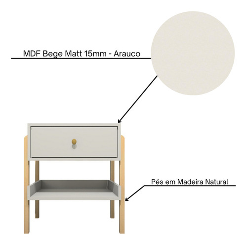 Mesa De Cabeceira Em Mdf Pés em Madeira Natural Com 1 Gaveta E Prateleira Acabamento Fosco Cor Off White