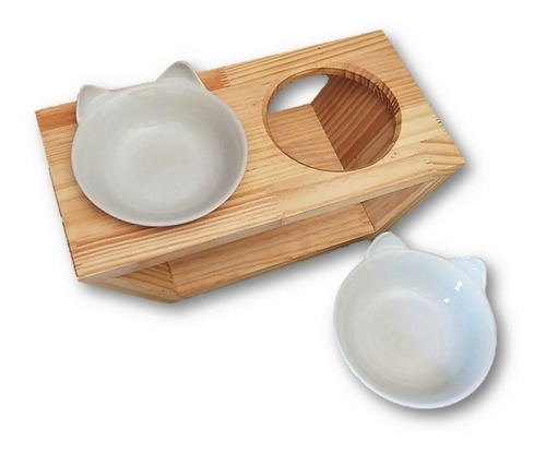 Imagem 7 de 7 de Comedouro Duplo Base Madeira Gato Tigela Porcelana 320ml
