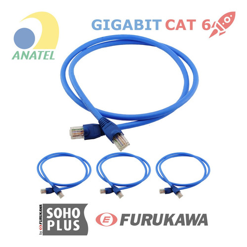 Kit 210 Un Cabo De Rede 1,5m Cat6 Furukawa Rj45 Azul Gigabit