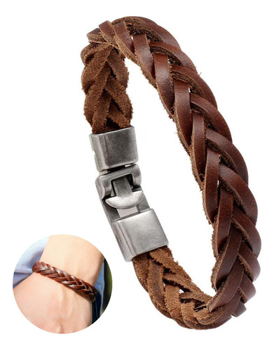 Pulsera Brazalete Cuero Trenzado Marron Con Cierre Metalico