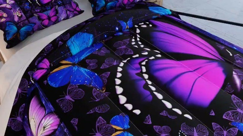 Conjunto Edredón Mariposas Estrellas Azul Morado Twin
