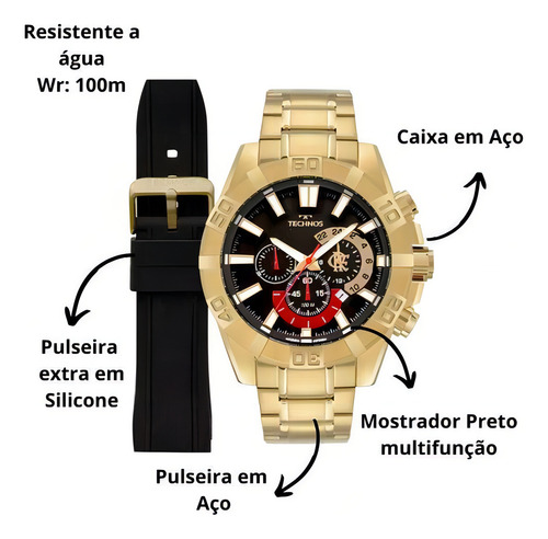 Kit Relogio Masculino Dourado Troca Pulseira Flamengo