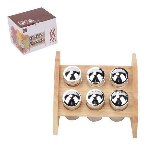 Set De 6 Especieros Vidrio Base Madera - Homewell