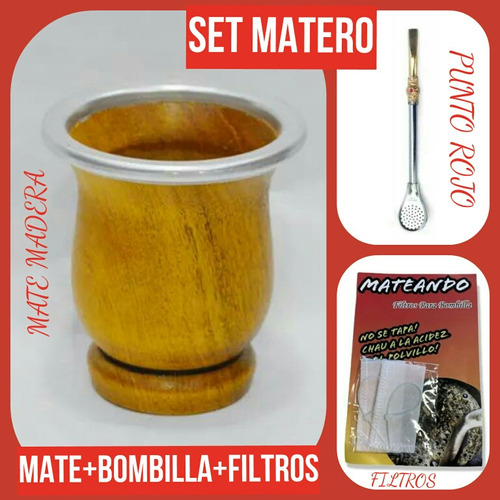 Set Matero!mate Argentino Madera+bombilla Brasilera+filtros