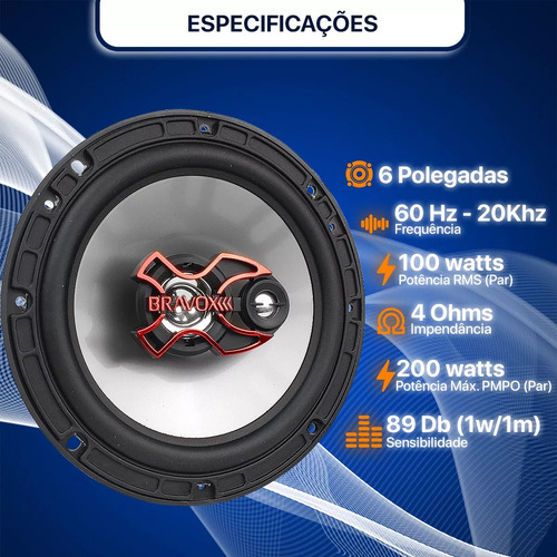 Par Alto Falante Bravox 6 Polegadas Triaxial B3x60x 100wrms Preto