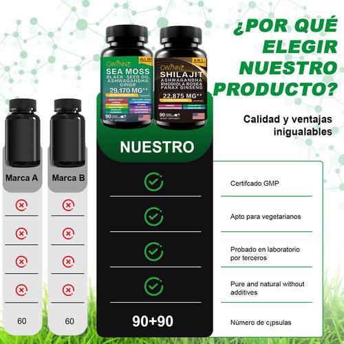 Gwynne All In 1 Shilajit Y Sea Moss Bundle 90 Cápsulas-contiene 29170 Mg De Musgo Marino, Aceite De Semilla Negra, Etc Y Contiene 22875 Mg De Shilajit,rhodiola Rosea, Etc