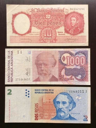 Imagen 1 de 2 de Set 3 Billetes Argentina Antiguos Pesos Y Australes Ocasión