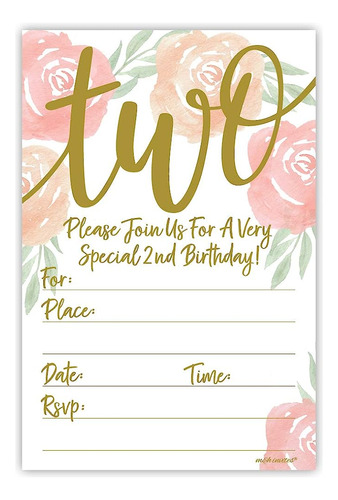 Acuarela Floral Girl 2nd Birthday Invitations - Rellene Con 