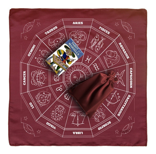 Imagen 3 de 10 de Tarot Marsella Español + Tapete + Morral Mod Zodiacal Vino