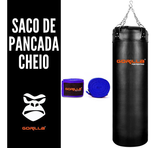 Saco Pancada Profissional 120 Cm Cheio Bandagem 3 Mt Gorilla Cor Azul