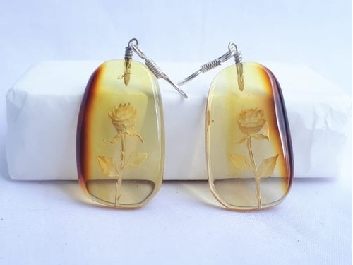 Aretes De Ámbar Autentico C/grabado De Flor.montado En Plata