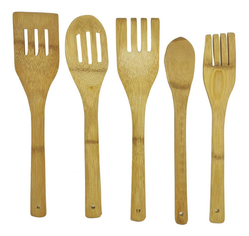Imagem 6 de 7 de Conjunto Talheres Bambu 6 Peças Pau Colher Garfo Espatulas